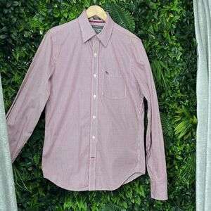 ABERCROMBIE & FITCH Shirt Men Red White Striped Collared Button Muscle Fit 2120‎
